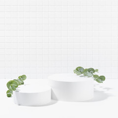 Summer abstract white stage, two round podiums mockup for presentation cosmetic products,...
