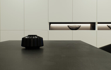 Design 3d visualization of the interior is made in a strict minimalistic style. Close-up of a table top against a niche with lighting and decor.