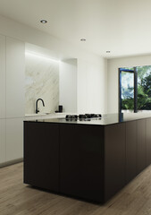 Design 3d visualization of the interior is made in a strict minimalistic style. Large dark kitchen island with large panoramic window and minimalist kitchen cabinets using wood and marble materials.