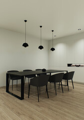 Design 3d visualization of the interior is made in a strict minimalistic style. Dining black table with chairs against a light wall.