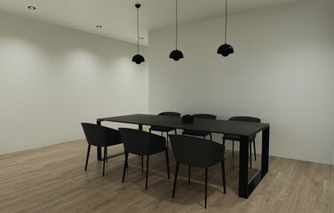 Design 3d visualization of the interior is made in a strict minimalistic style. Dining black table with chairs against a light wall.