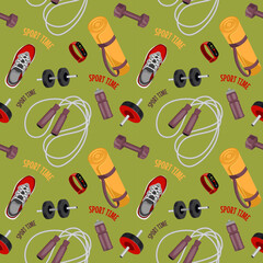 Vector sport seamless pattern on a green background. Perfect for fabric design, print, wrapping paper, wallpaper, fabric, design.
