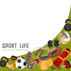 Banner with sports equipment on a white background. Vector image for sports design, stickers, web design elements, postcards, banners.