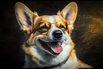 Obraz premium Happy dog with sunglasses. Portrait of smiling dog wearing sunglasses. Happy pet concept. Generative AI