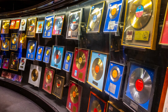 STOCKHOLM, SWEDEN - JUNE 16, 2022: hall with a collection of records at the ABBA museum in Stockholm, Sweden