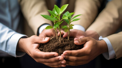  close-up shot of business hands holding and nurturing green plants together, symbolizing the commitment of a green business company to environmental sustainability, corporate social responsibility