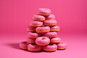 Pink donuts stacked in a pyramid on pink background. Created with Generative AI tools
