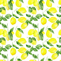Handpainted watercolor seamless pattern with lemons