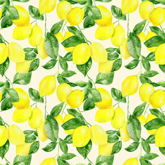 Handpainted watercolor seamless pattern with lemons