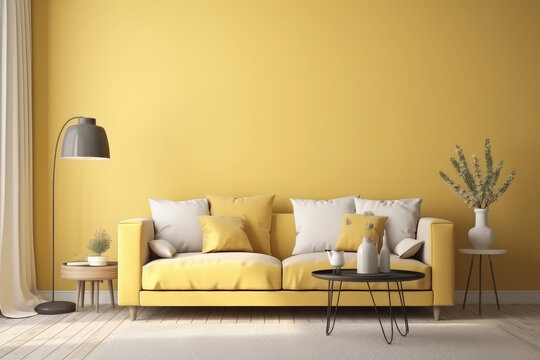 Cozy modern living room interior with yellow sofa and decoration room on a yellow or white wall background, generative AI
