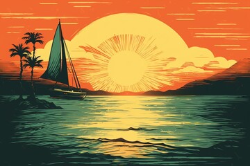 Sunset vintage retro style beach surf poster vector illustration