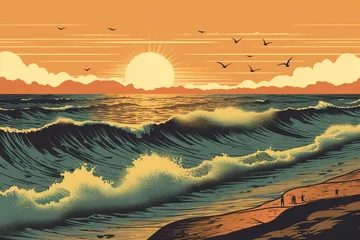 Kissenbezug Sunset vintage retro style beach surf poster vector illustration © Walid