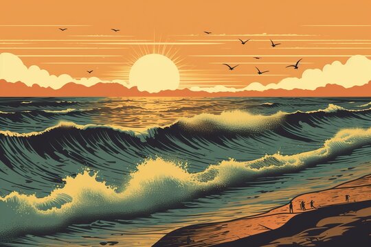 Fototapeta Sunset vintage retro style beach surf poster vector illustration