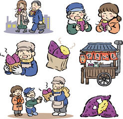 昔ながらの焼きいも屋　焼いも・屋台・人物のイラストセット　筆タッチベクター
