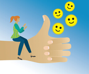 Woman sitting on hand with okay sign, she is applauding. Vector illustration.
