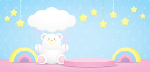 cute kawaii white bear is holding cloud sign with pink display podium and colorful rainbow and hanging stars 3d illustration vector for putting object