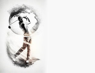 Golf sport player swing action and ball, monochrome drawing horizontal banner for tournament with copy space on white. Generative AI illustration