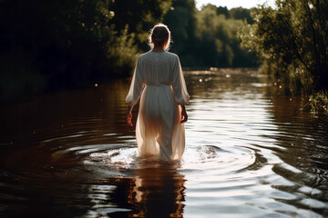 Woman In White Walks With Her Back To The Surface Of The Water. Baptism. Generative AI