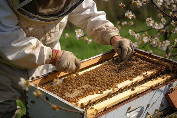 Beekeeper Delicately Transferring Bees Into Portable Observation Hive. Generative AI