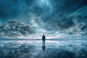 Man Is Standing Alone In The Water With Sky Above Him. Generative AI