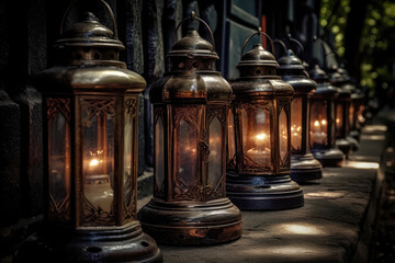 Fototapeta na wymiar Line Of Oldfashioned Lanterns Casting Dim, Mysterious Light. Generative AI