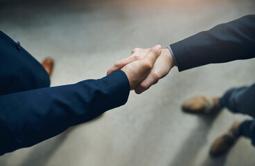 Handshake, partnership and b2b with business men in the office for agreement, deal or company...
