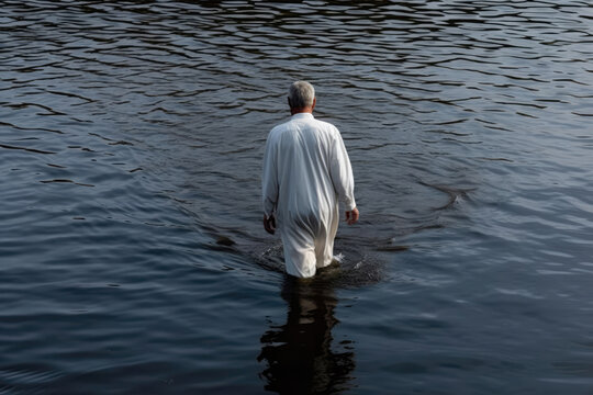 Man In White Walks With His Back To The Surface Of The Water. Baptism.. Generative AI