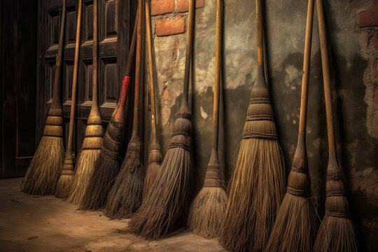 Lineup Of Worn And Tattered Witch Brooms Resting Against Wall. Generative AI