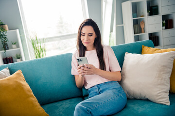 Portrait of gorgeous nice person sitting sofa use smart phone write blog post free time house inside
