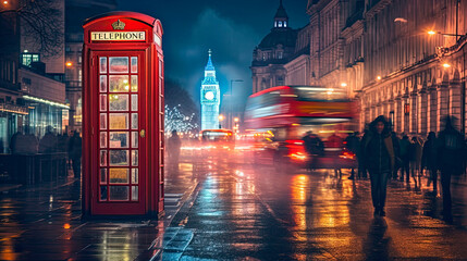 London streetscape at night. City blurred lights reflected in the wet streets. Red London phone box in the foreground. Generative AI