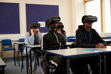 Students wearing VR headsets in class