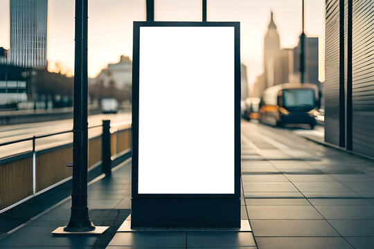 Bus stop billboard for outdoor advertising, Blank white mock up of vertical light box in a bus stop, Blank advertising panel on a street,  Generative AI