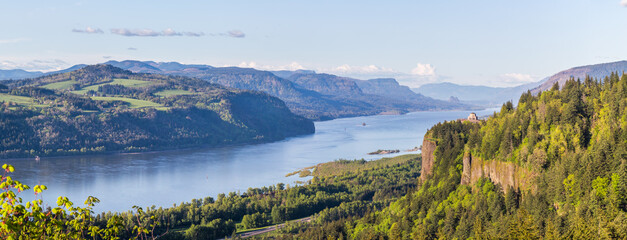 Beautiful panoramic view at the Columbia River and Vista House in springtime