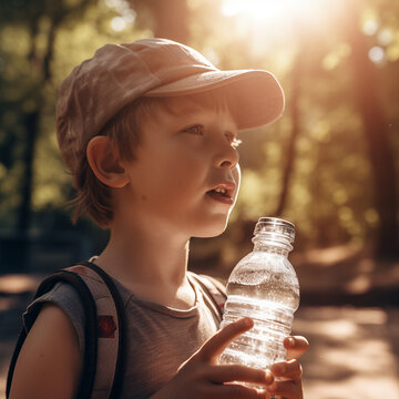 Portrait of a boy with a bottle of water in the park