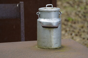 Old aluminum milk can filled with milk, as it used to be collected from the farms by the dairies...