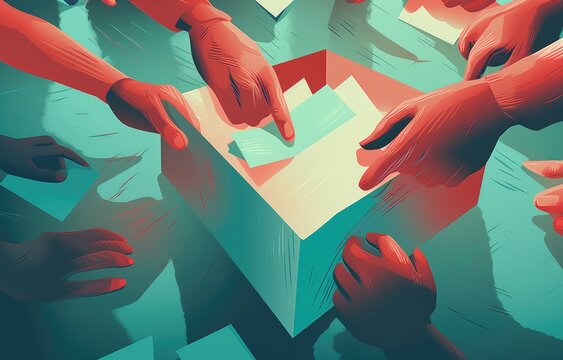 Democracy concept illustration in red and teal colors. People casting the vote, hands close-up. Generated with the use of an AI.