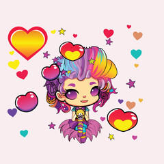 Obraz premium Cute Girl Character with Colorful Flying Hearts on Pink Background for Love or Valentines Day. Generative AI.