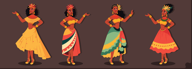 Cute Brazil Carnival Dancers Girls Character Standing in Dancing Pose on Brown Background.