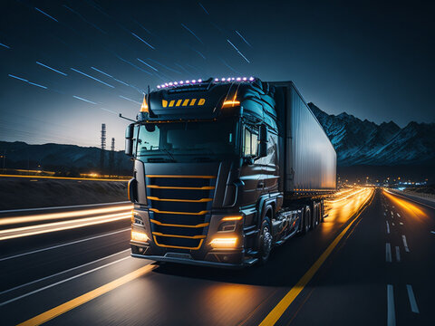 Truck on the road at night. Cargo transportation and logistics concept. AI generated.