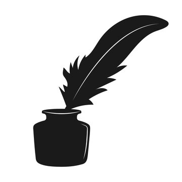 Silhouette of an inkwell with feather. Retro symbol of poetry. Ink icon on white background