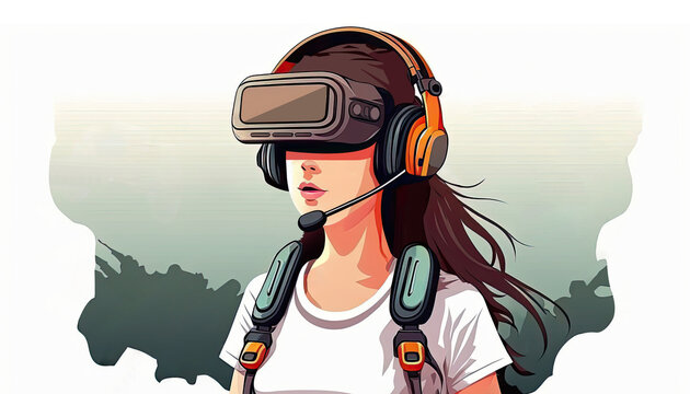 Vector of Young Woman Wearing VR Box with Headphone On Abstract Background.