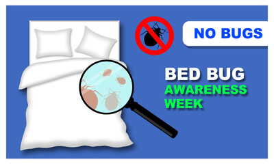 double size bed with 2 pillows use magnifying glass to look for bed bugs in bed and bold text commemorating Bed Bug Awareness Week