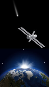 view from space to the planet Earth, a rising sun on the horizon, a spacecraft flying in space and a bright comet. Vertical banner