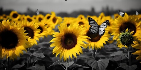 "Solar Symphony: A Vibrant Tapestry of Sunflowers and Butterflies" | Background Design | Generative AI Artwork