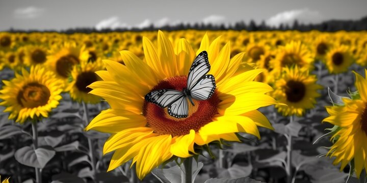 "Solar Symphony: A Vibrant Tapestry of Sunflowers and Butterflies" | Background Design | Generative AI Artwork