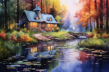 A serene watercolor painting of a cozy cottage