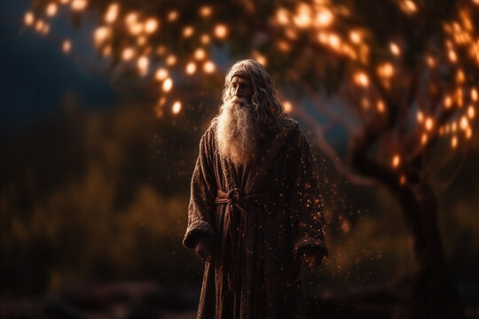 A dramatic shot of Moses standing before the burning bush, his face illuminated by the divine presence, bokeh Generative AI