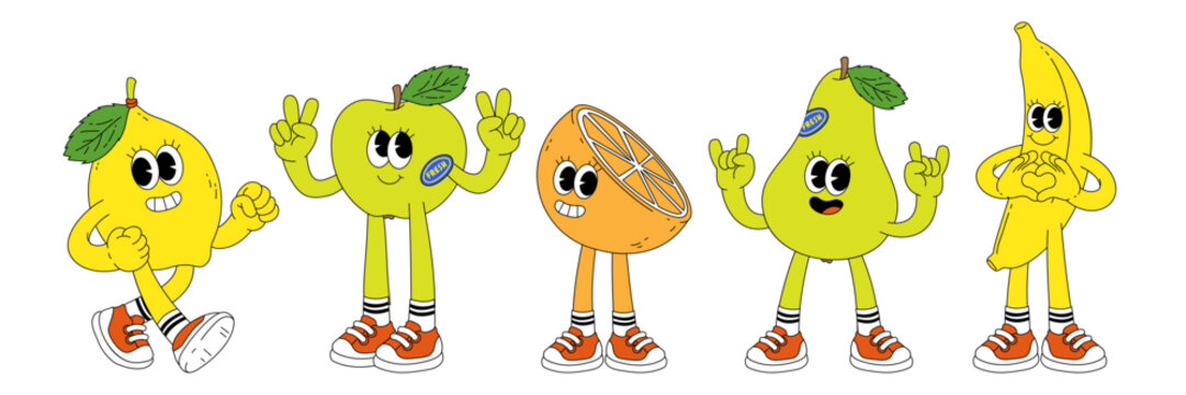 Fruit retro funky cartoon characters. Comic mascot of banana lemon apple orange pear with happy smile face, hands and feet. Groovy summer vector illustration. Fruits juicy sticker pack.