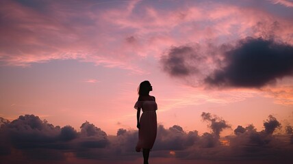 Women mental health. Female retreat. Self-Love Healing Journey, Healing Journey To Yourself. Female silhouette in pink sunrise sunset sky. AI generative - obrazy, fototapety, plakaty