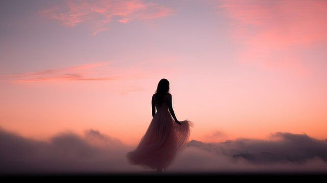 Women mental health. Female retreat. Self-Love Healing Journey, Healing Journey To Yourself. Female silhouette in pink sunrise sunset sky. AI generative